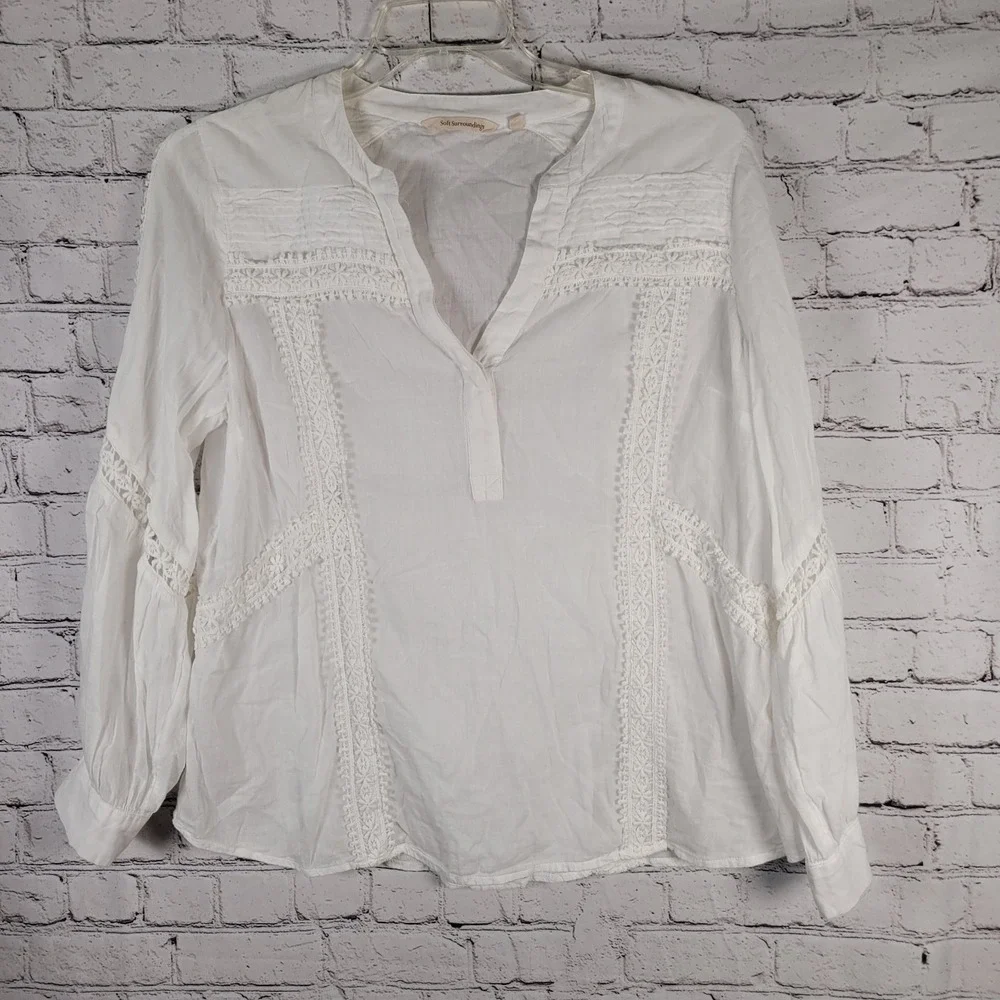 Soft Surroundings White‎ Embroidered Crochet Tunic Top Blouse Bohemian Large - Picture 2 of 7